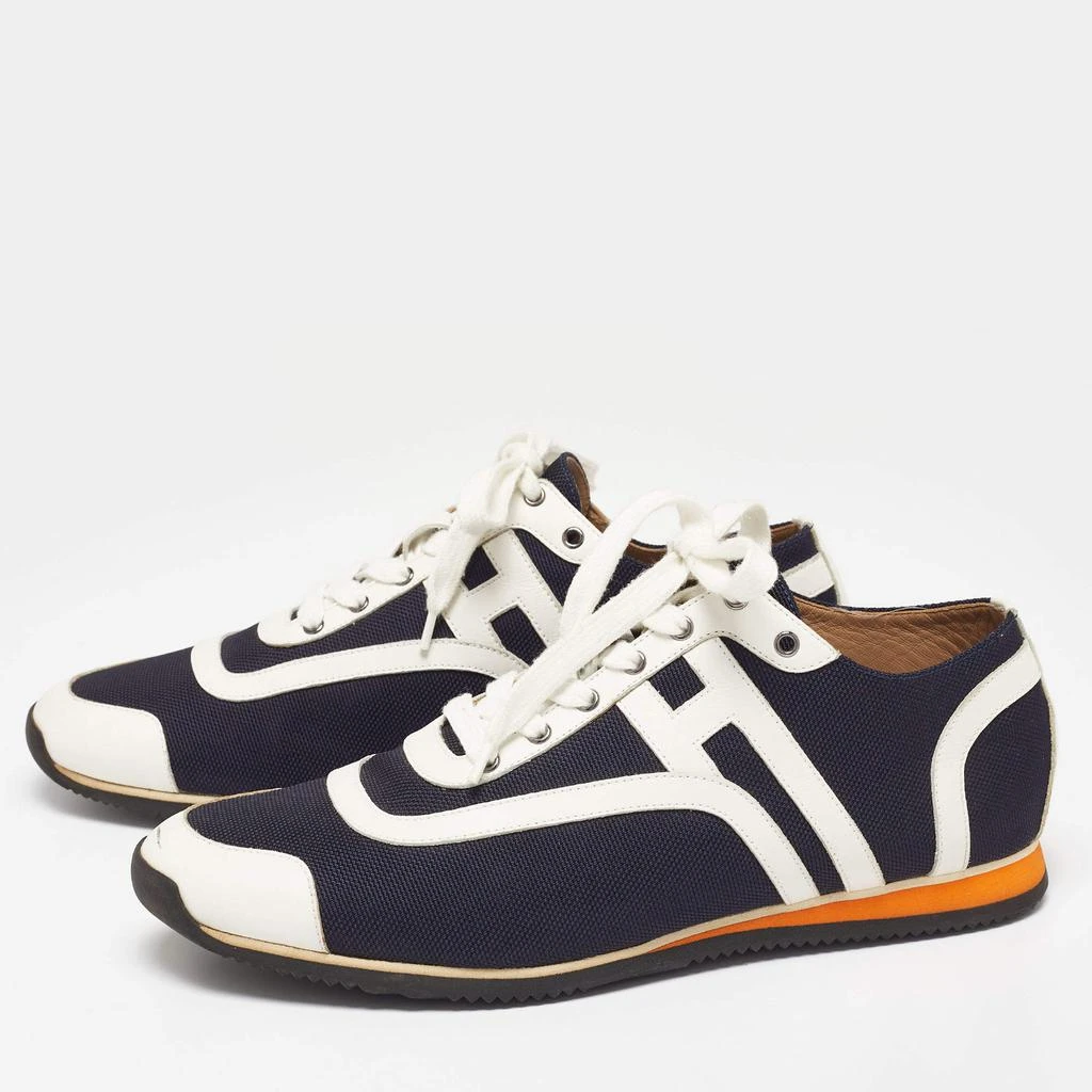 商品[二手商品] Hermes|Hermes Navy Blue/White Leather And Canvas Tie Break Low Top Sneakers Size 41 ,价格¥2529,第2张图片详细描述