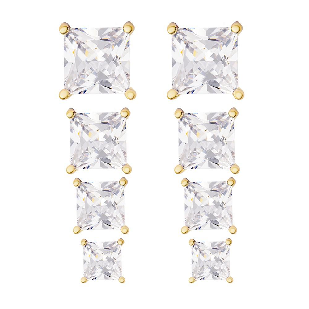 Women's 14k Gold Plated Square Cubic Zirconia Stud Earrings Set, 8 Pieces商品第1张图片规格展示