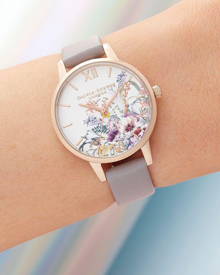 商品Olivia Burton|Enchanted Garden Gray Lilac Leather Strap Watch, 30mm,价格¥551,第4张图片详细描述