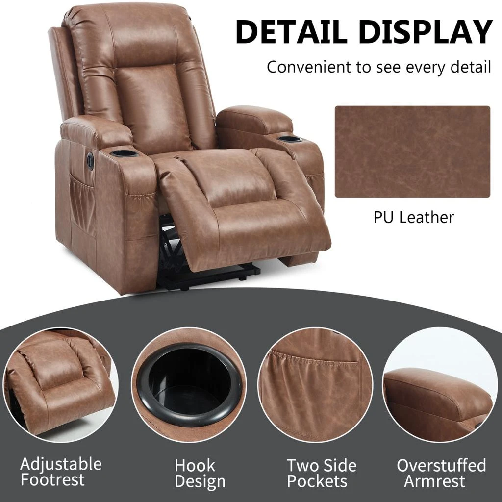 商品Streamdale Furniture|Streamdale Brown Power Lift Recliner Massage Chair with Heat & USB,价格¥4630,第3张图片详细描述