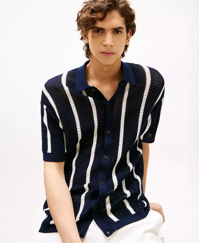 商品Tommy Hilfiger|Men's Stripe Open-Knit Polo Shirt,价格¥958,第3张图片详细描述