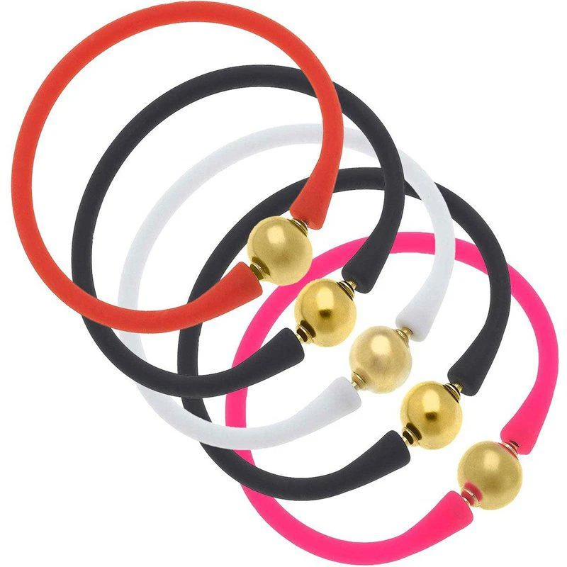 商品Canvas Style|Bali 24K Gold Silicone Bracelet Spinderella Stack Of 5 In Orange, Black, White & Neon Pink,价格¥952,第1张图片