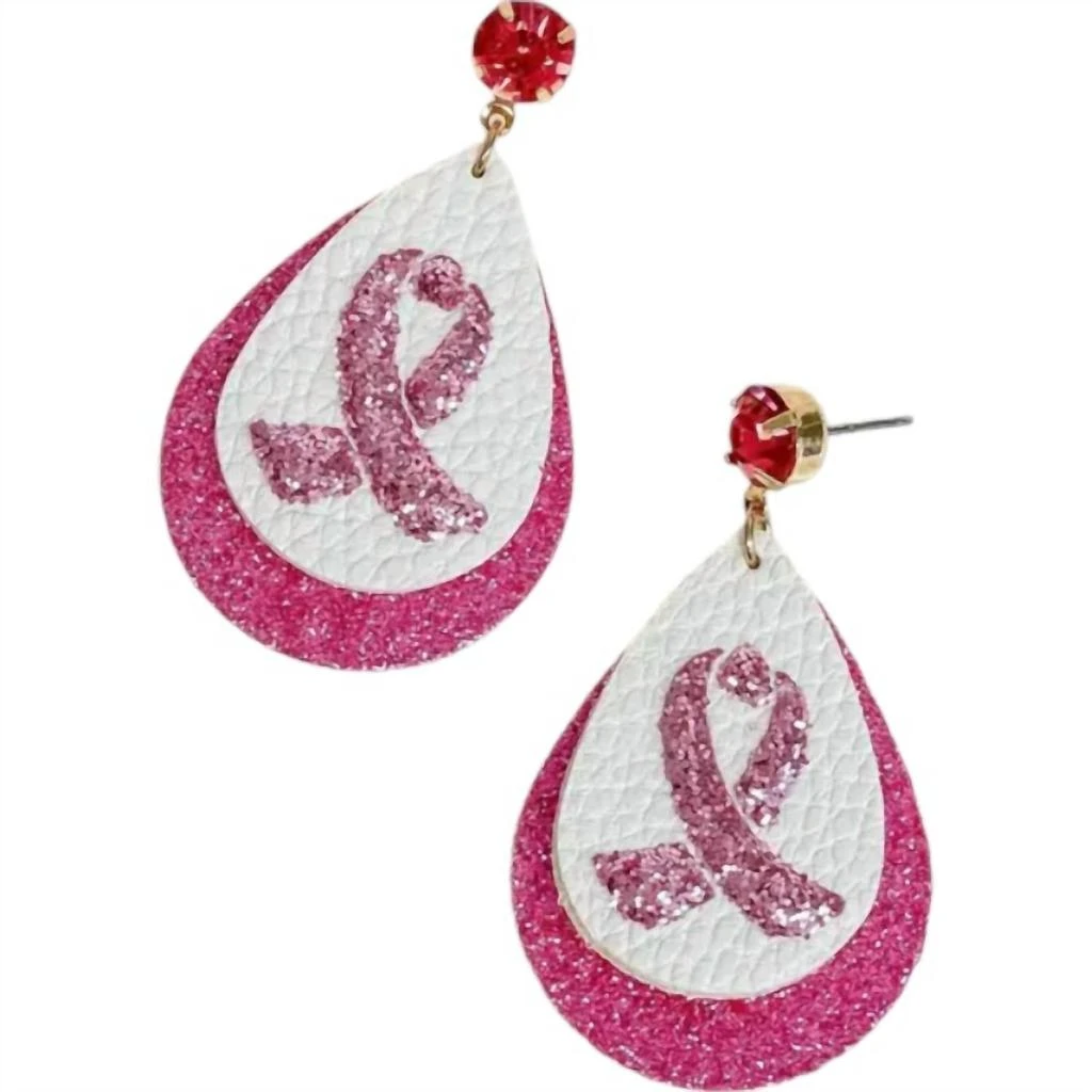 商品PREP obsessed|Women's Breast Cancer Ribbon Teardrop Glitter Earrings In Pink/white,价格¥222,第1张图片