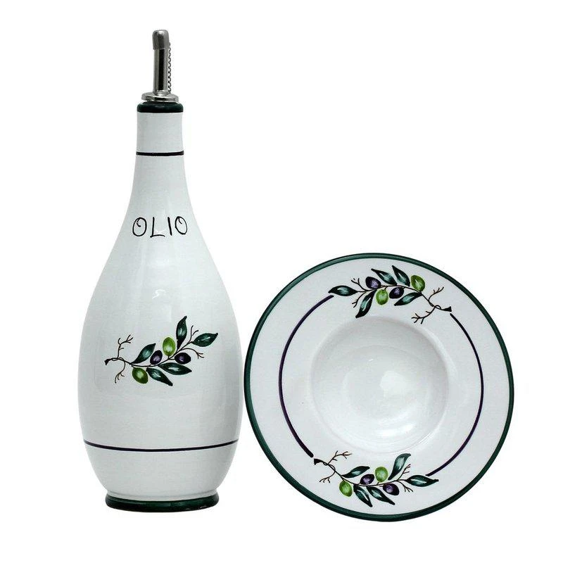 商品Artistica - Deruta of Italy|Oliva: Olive Oil Bottle Dispenser BOTTLE + SAUCER/DIPPING BOWL,价格¥1405,第1张图片