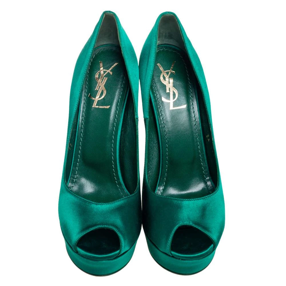 商品[二手商品] Yves Saint Laurent|Yves Saint Laurent Green Satin Palais Platform Peep Toe Pumps Size 39,价格¥1281,第3张图片详细描述