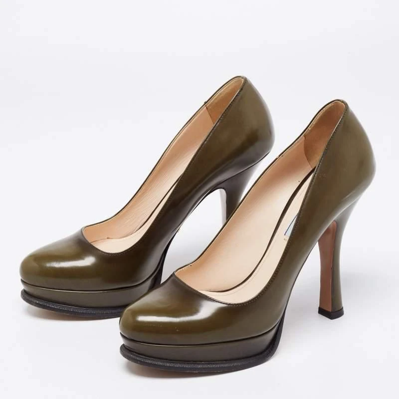商品[二手商品] Prada|Prada Olive Green Leather Platform Pumps Size 39,价格¥1197,第2张图片详细描述