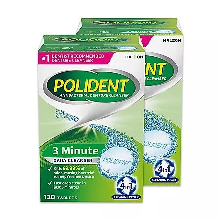 商品Polident|Polident 3-Minute Triple-Mint Antibacterial Denture Cleanser, Effervescent Tablets, 120 ct., 2 pk.,价格¥83,第1张图片