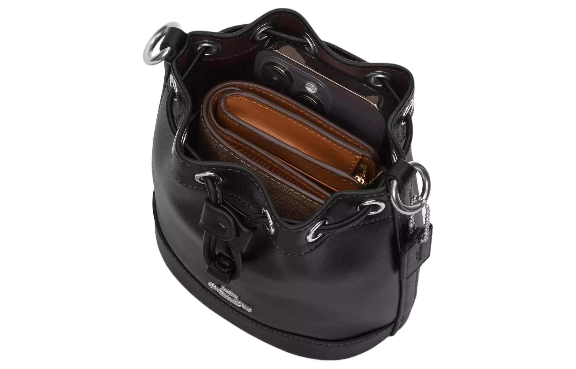 商品[国内直发] Coach|蔻驰 Bucket 13 抽绳封口 牛皮 水桶包手提单肩斜挎包 迷你 女款 银色拼黑色,价格¥1305,第4张图片详细描述