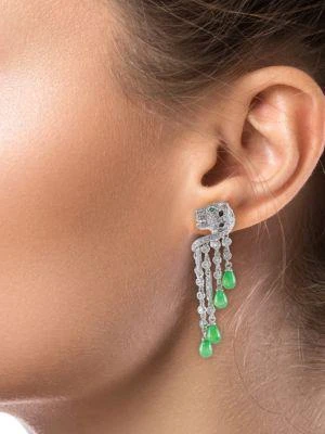 商品Kenneth Jay Lane|Look Of Real Rhodium Plated, Malay Jade & Cubic Zirconia Leopard Head Drop Earrings,价格¥987,第2张图片详细描述