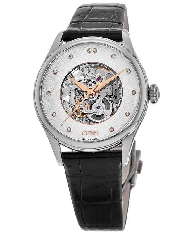 商品Oris|Oris Artelier Skeleton Silver Diamond Dial Black Leather Strap Women's Watch 01 560 7724 4031-07 5 17 64FC,价格¥6052,第1张图片
