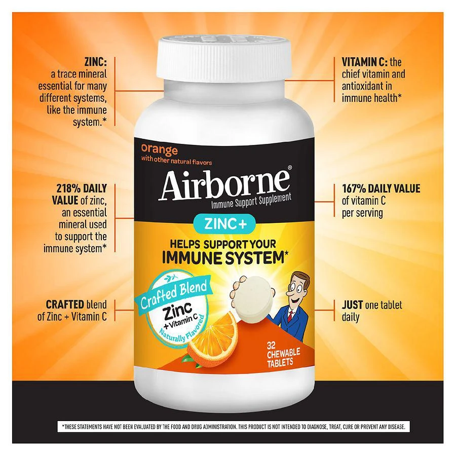 商品Airborne|Zinc + Vitamin C Immune Support Supplement Chewable Tablets Orange,价格¥216,第5张图片详细描述