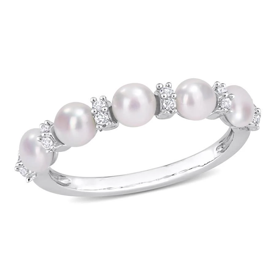 商品Amour|3.5-4mm Cultured Freshwater Pearl and 1/8 CT TGW White Topaz Semi Eternity Ring in Sterling Silver,价格¥350,第1张图片