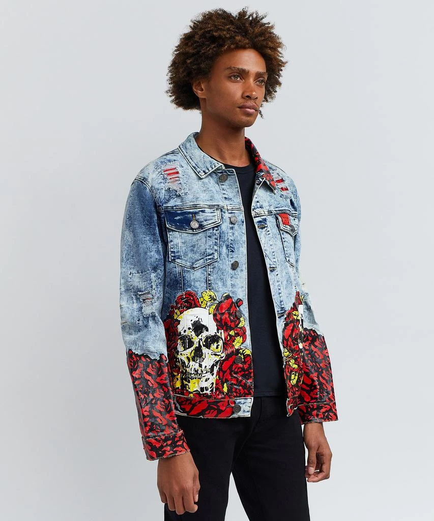 商品Reason Clothing|Skull Rose Acid Wash Denim Jacket With Print,价格¥112,第5张图片详细描述