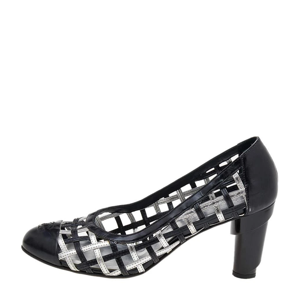 商品[二手商品] Chanel|Chanel Black/Silver Woven Leather Block Heel Pumps Size 38.5,价格¥3215,第2张图片详细描述