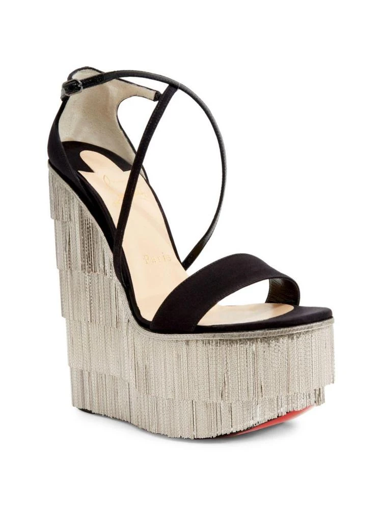 商品Christian Louboutin|Foxtrottissima 160 Satin & Metallic Fringe Platform Wedge Sandals,价格¥29958,第1张图片