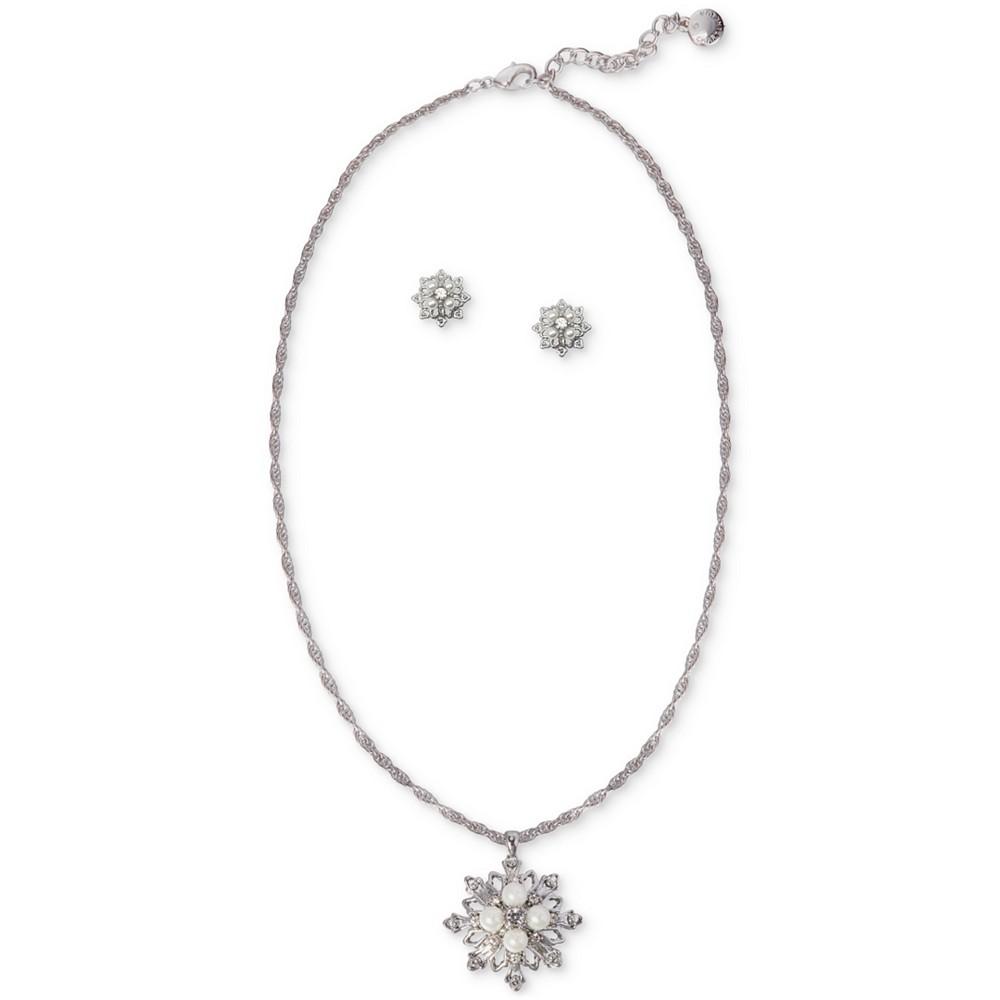 Silver-Tone Crystal & Imitation Pearl Snowflake Pendant Necklace & Stud Earrings Set, Created for Macy's商品第1张图片规格展示