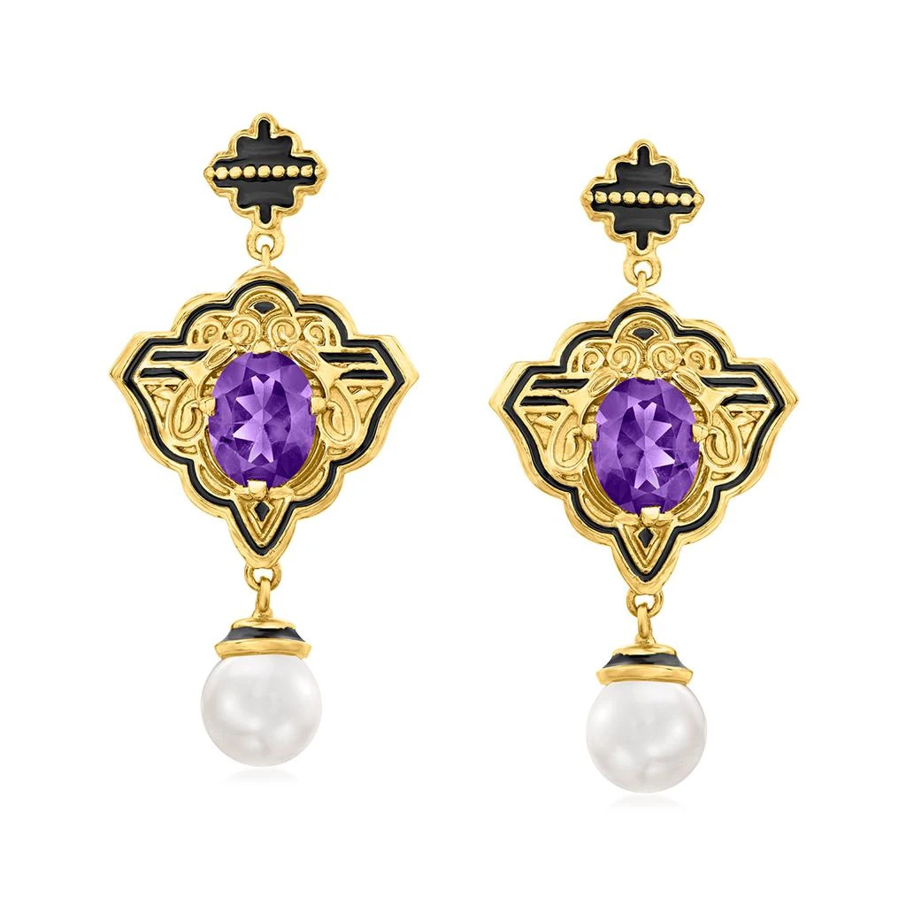 商品Ross-Simons|Ross-Simons 8mm Cultured Pearl and Amethyst Drop Earrings With Black Enamel in 18kt Gold Over Sterling,价格¥1175,第1张图片