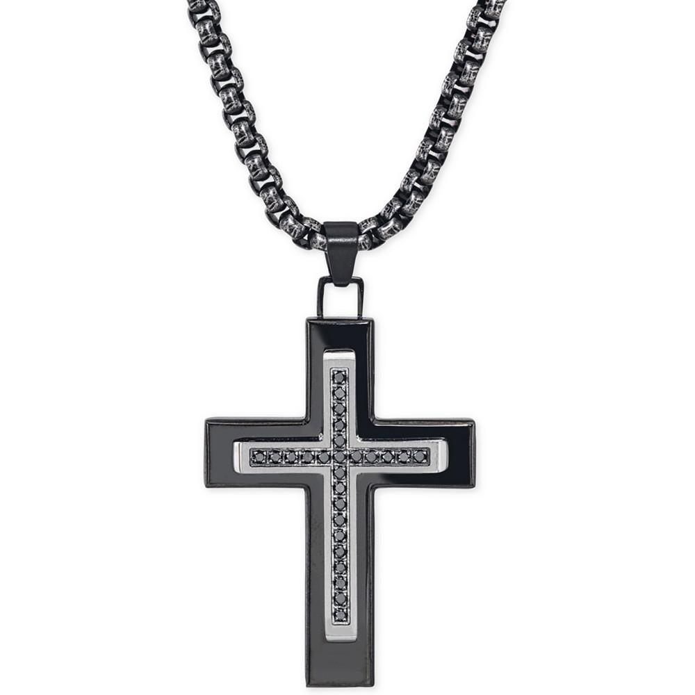 Black Diamond (1/4 ct. t.w.) Cross Necklace in Black IP over Stainless Steel, Created for Macy's商品第1张图片规格展示