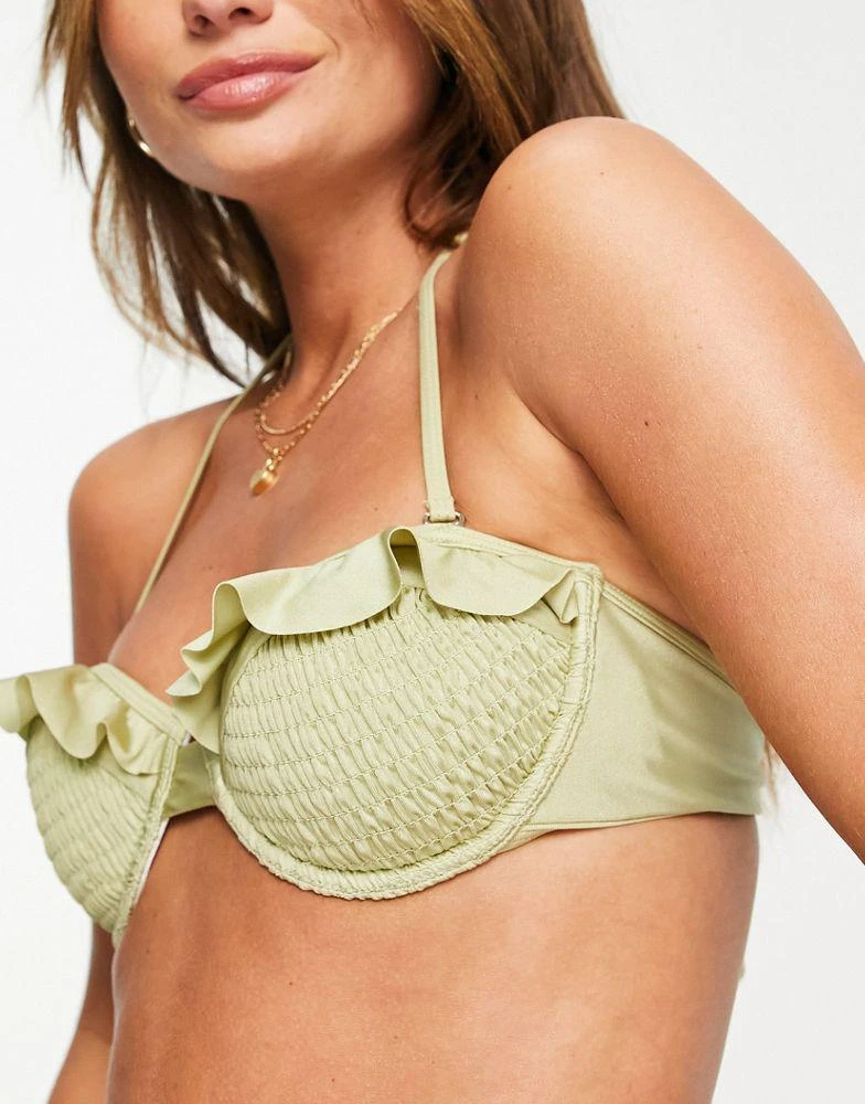 商品River Island|River Island shirred balconette bikini top in green,价格¥237,第2张图片详细描述