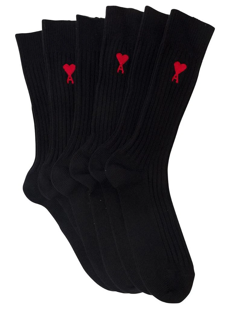 商品AMI|Three-Pack of Black Socks with Contrasting Logo in Cotton Blend Man,价格¥778,第4张图片详细描述