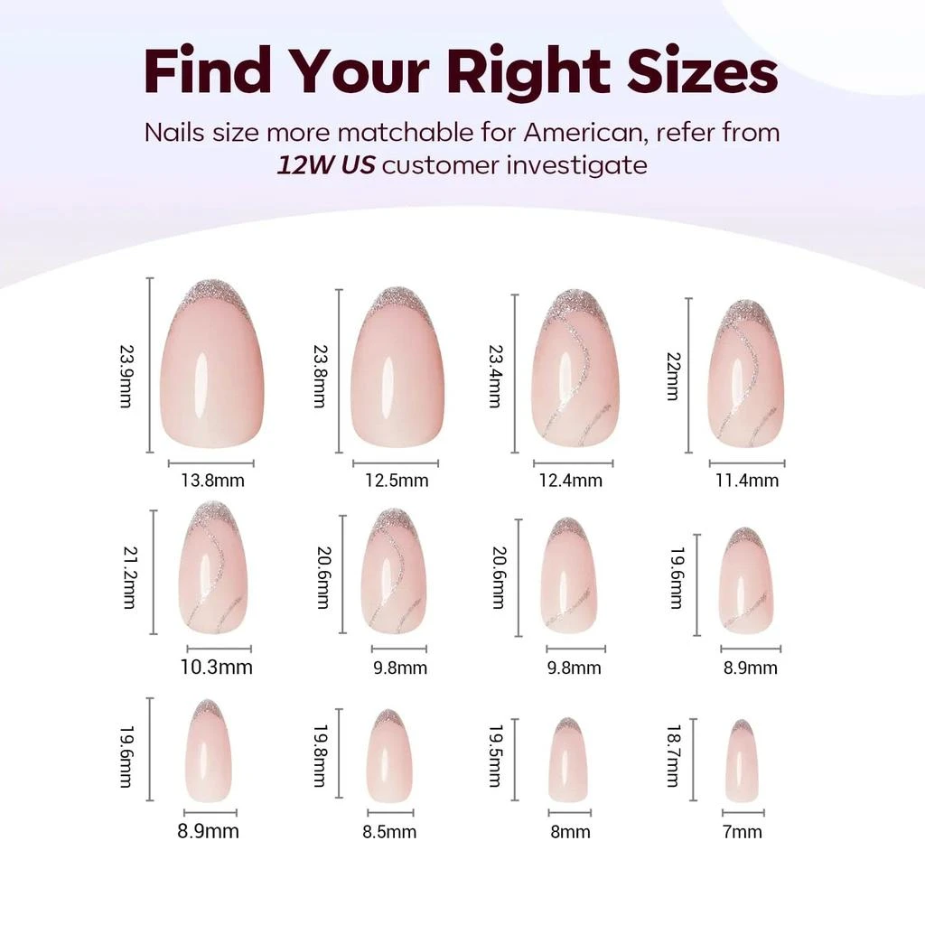 Glam Frenchin - 24 Fake Nails 12 Sizes Short Almond Press on Nails Kit 商品