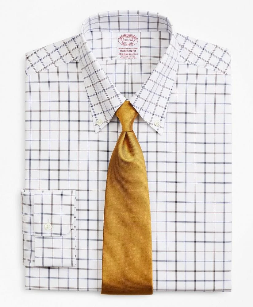 商品Brooks Brothers|Stretch Madison Relaxed-Fit Dress Shirt, Non-Iron Poplin Button-Down Collar Double-Grid Check,价格¥412,第1张图片