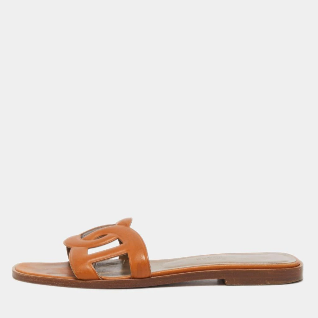 商品[二手商品] Hermes|Hermes Tan Leather Omaha Flat Slides Size 36,价格¥2359,第1张图片