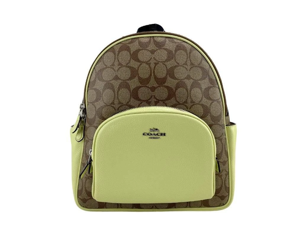 商品Coach|COACH (5671) Court Signature Leather Khaki/Pale Lime Medium Backpack Bookbag Bag,价格¥2475,第1张图片