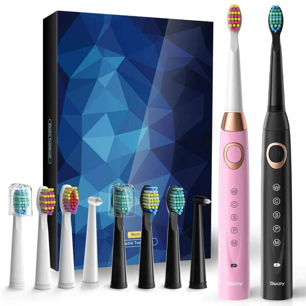 商品Sboly|2 Sonic Electric Toothbrushes 5 Modes 8 Brush Heads USB Fast Charge Powered Toothbrush Last for 30 Days, Built-in Smart Timer Rechargeable Toothbrushes for Adults and Kids (1 Black and 1 Pink) SY-508,价格¥420,第1张图片