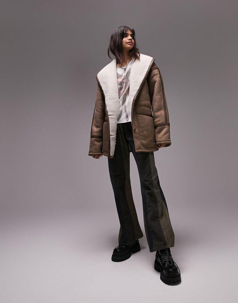 Topshop oversized faux shearling car coat in mink商品第3张图片规格展示