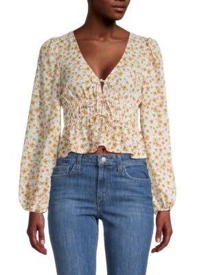 ​Floral-Print Smocked Tie-Front Cropped Top商品第1张图片规格展示