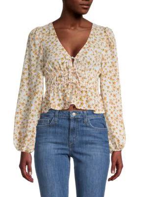 商品Lush|​Floral-Print Smocked Tie-Front Cropped Top,价格¥149,第1张图片