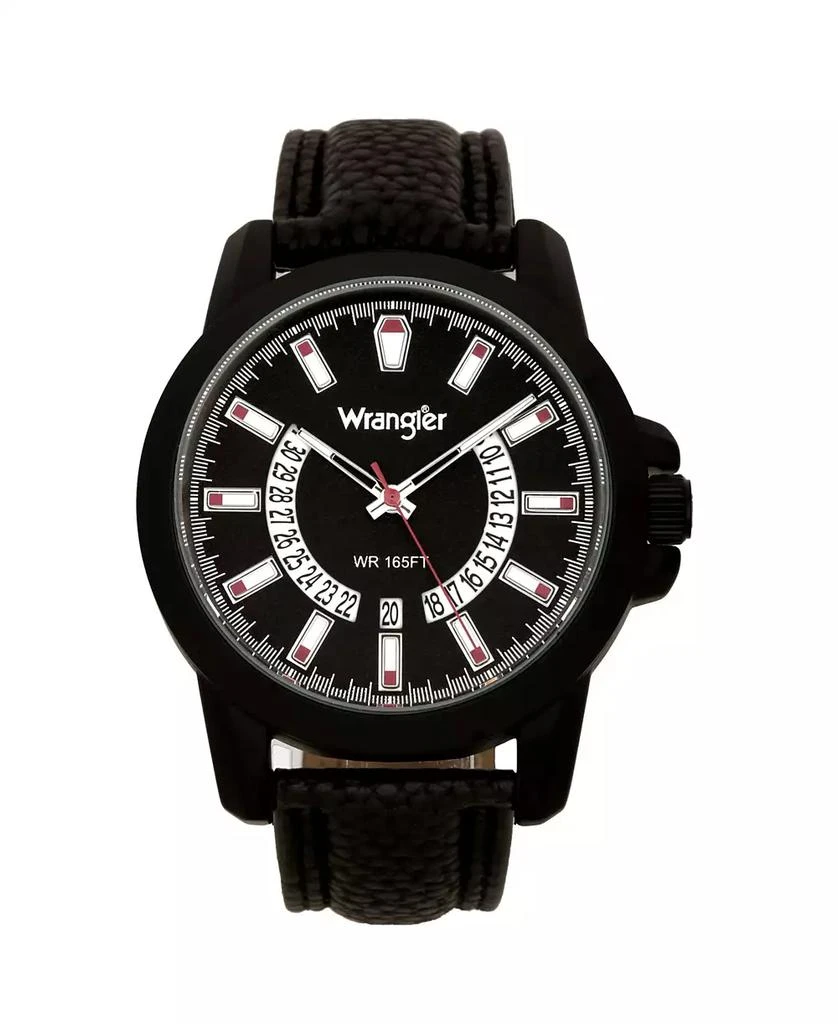 商品Wrangler|Men's Watch, 46MM IP Black Sandblasted Case and Bezel, Black Dial, White and Red Index Markers, Dual Crescent Cutouts For Date Function, Analog Watch, Red Second Hand, Black Strap,价格¥463,第1张图片