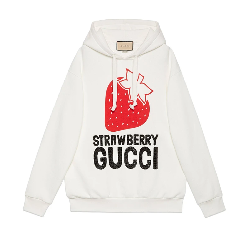 商品Gucci|【现货】古驰 Aria系列 女士米白色重磅毛毡针织纯棉草莓印花连帽卫衣,价格¥6772,第1张图片
