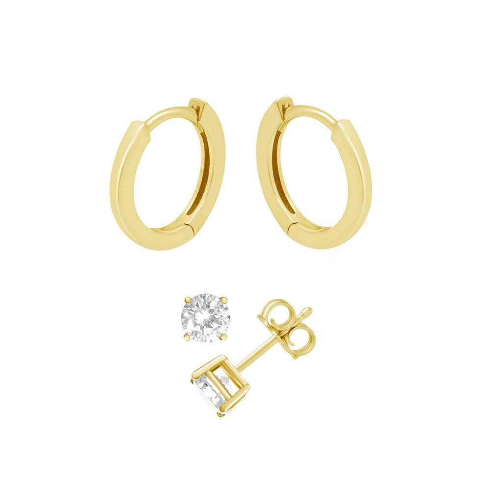 Cubic Zirconia Round Stud & Polished Huggie Hoop in Gold Plate or Silver Plate商品第1张图片规格展示