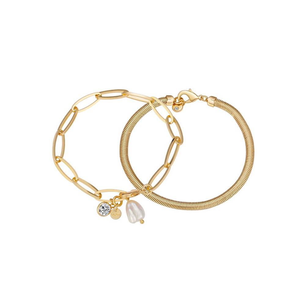 商品Unwritten|Crystal and Cultured Freshwater Pearl Link and Snake Chain Duo Bracelet Set, 2 piece,价格¥111,第1张图片