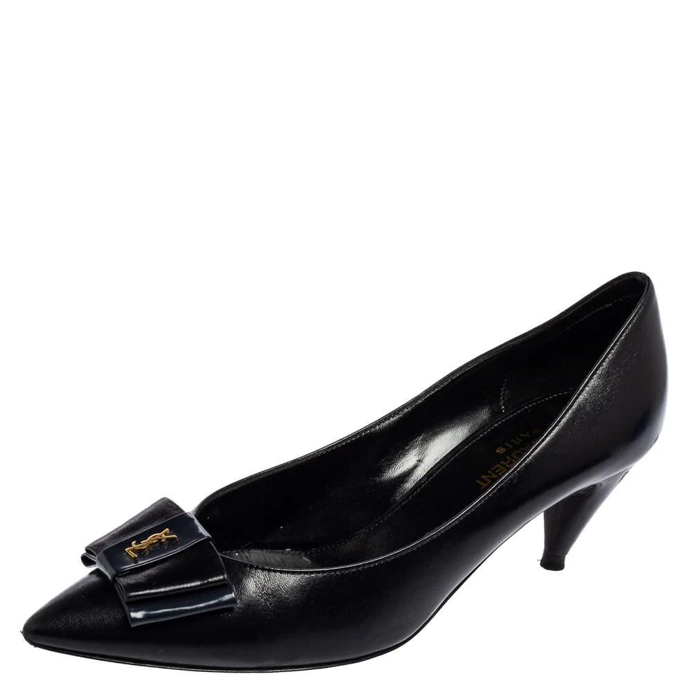 商品[二手商品] Yves Saint Laurent|Saint Laurent Black Leather Bow Pointed Toe Pumps Size 38,价格¥2621,第1张图片
