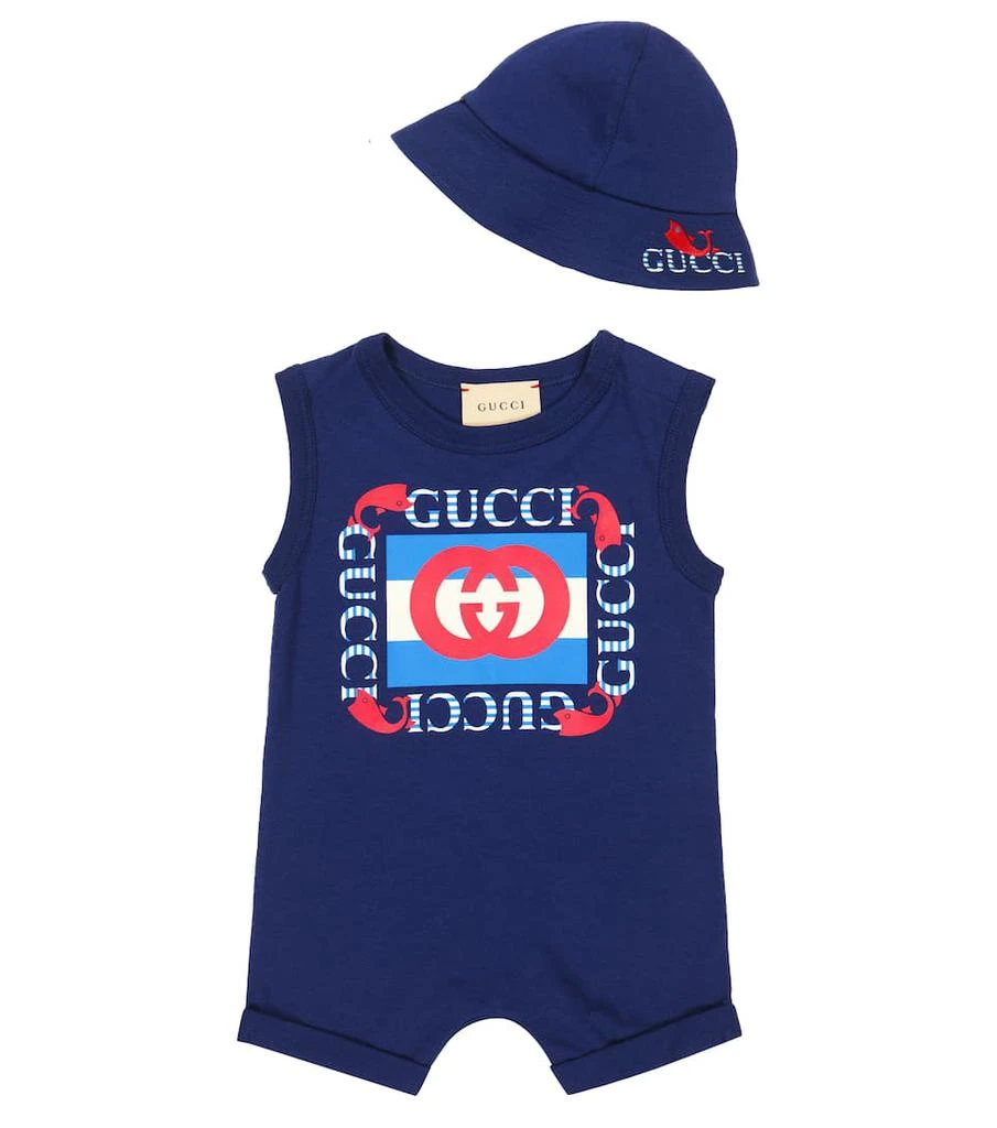 商品Gucci|Baby logo-print cotton romper and bucket hat,价格¥2771,第1张图片