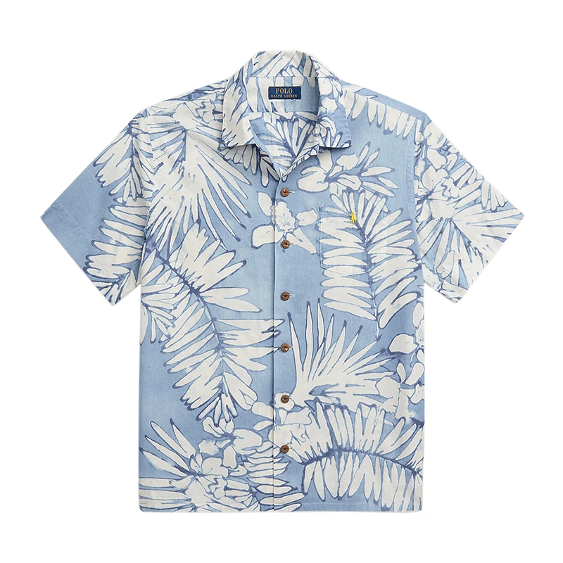 拉夫劳伦 男士亚麻混纺饰有榈树印花短袖尖领衬衫(2色可选） 商品