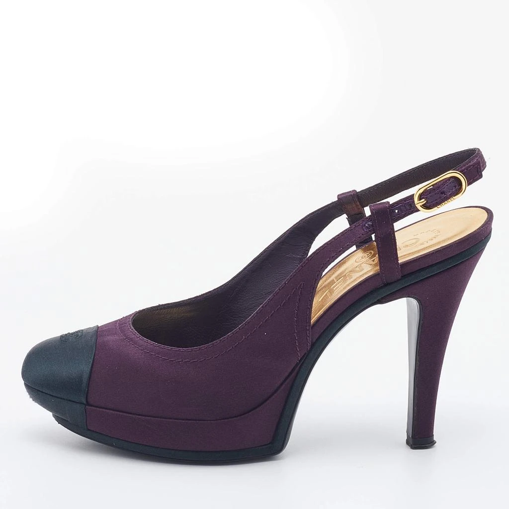商品[二手商品] Chanel|Chanel Purple/Black Satin CC Cap Toe Slingbacks Sandals Size 38,价格¥1354,第1张图片