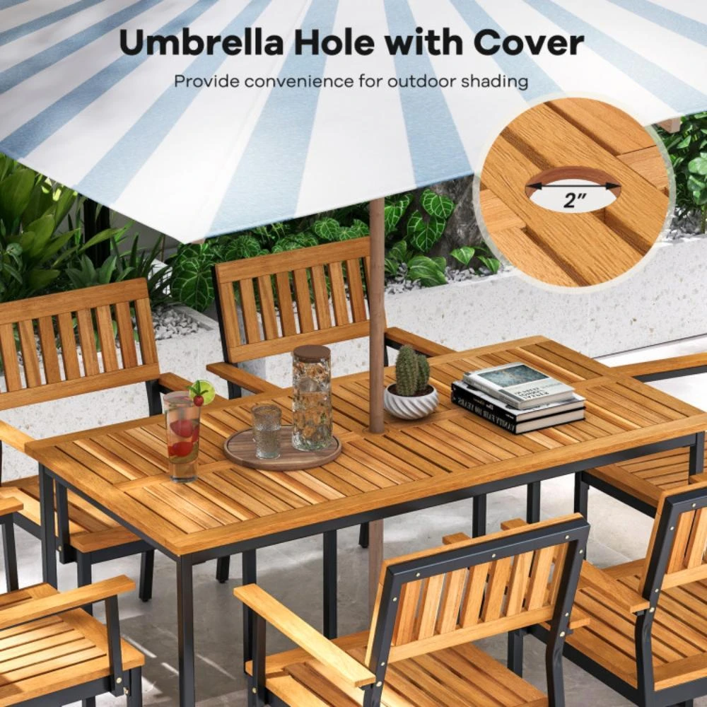 商品Hivvago|Acacia Wood Dining Table for 6 People with Slatted Tabletop and Umbrella Hole,价格¥2028,第3张图片详细描述