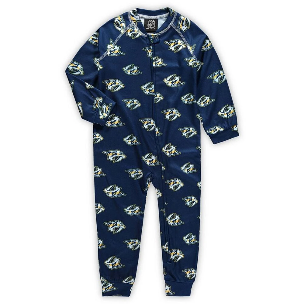 商品Outerstuff|Toddler Navy Nashville Predators Team Print Raglan Sleeve Full-Zip Jumper Pajamas,价格¥188,第1张图片