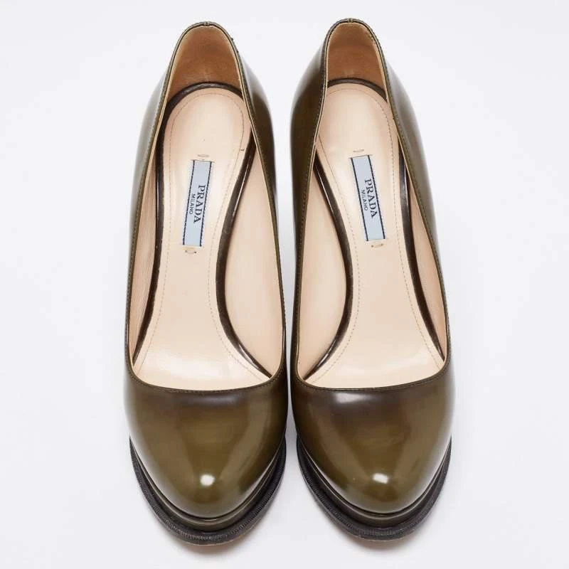 商品[二手商品] Prada|Prada Olive Green Leather Platform Pumps Size 39,价格¥1197,第3张图片详细描述
