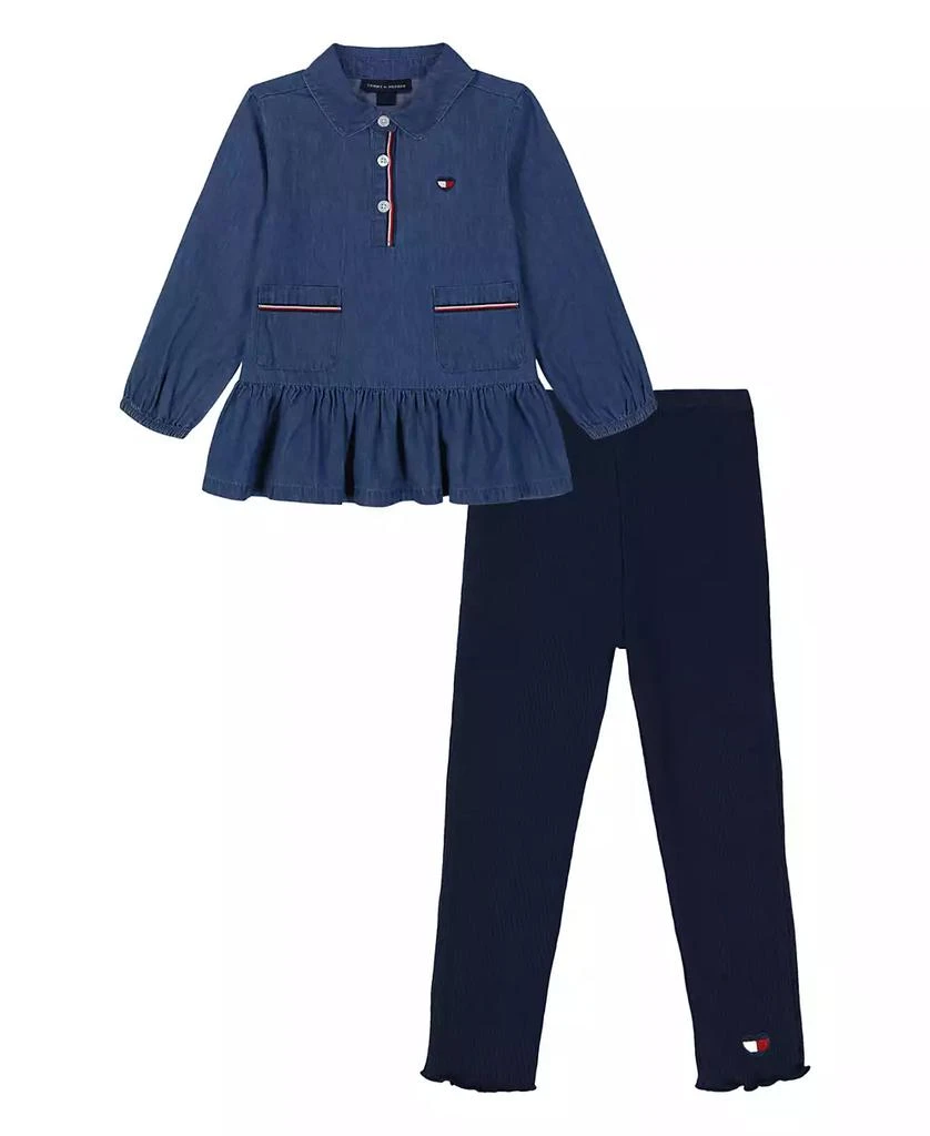 商品Tommy Hilfiger|Toddler and Little Girls Ruffle Hem Long Sleeve Denim Tunic and Ribbed Leggings, 2-Piece Set,价格¥165,第1张图片