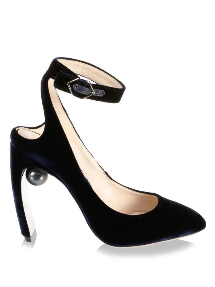 商品Nicholas Kirkwood|Lola Pearl-Heel Velvet Ankle-Strap Pumps,价格¥2533,第5张图片详细描述