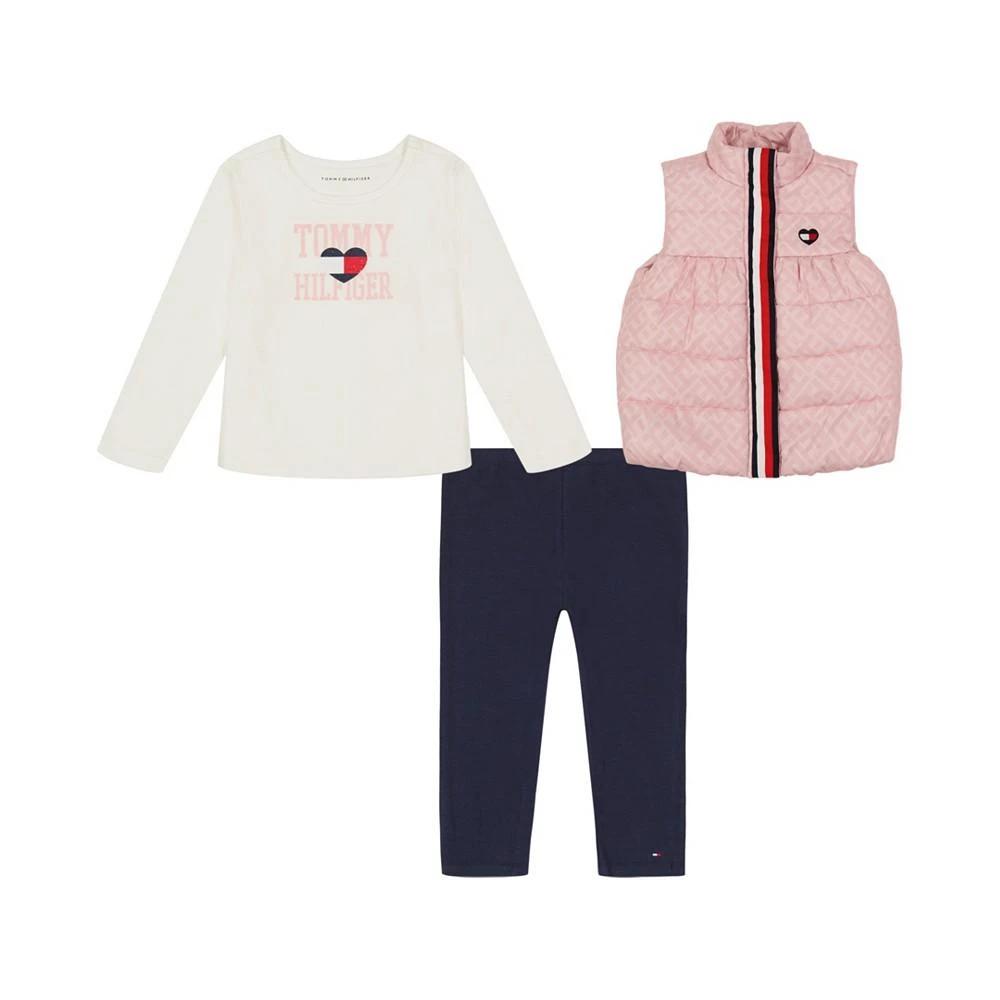 商品Tommy Hilfiger|Little Girl Puffer Vest, Long Sleeve Logo T-shirt and Leggings, 3 Piece Set,价格¥329,第1张图片