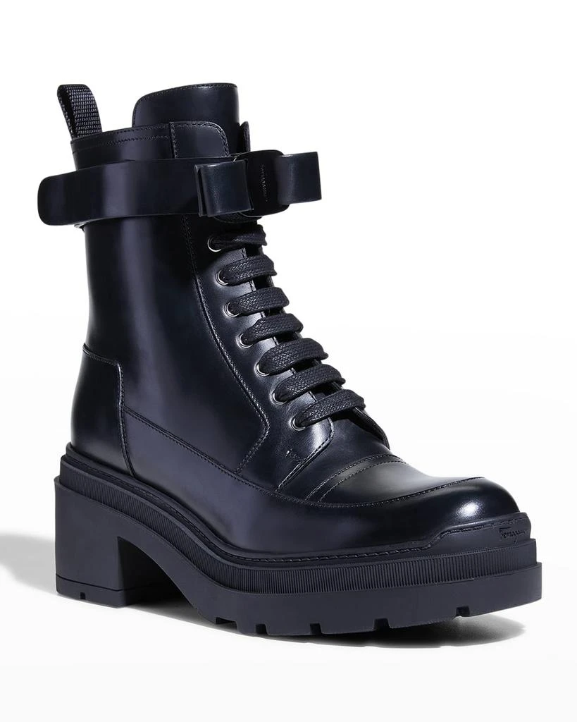 商品Salvatore Ferragamo|Lober Leather Bow Lace-Up Booties,价格¥9180,第2张图片详细描述