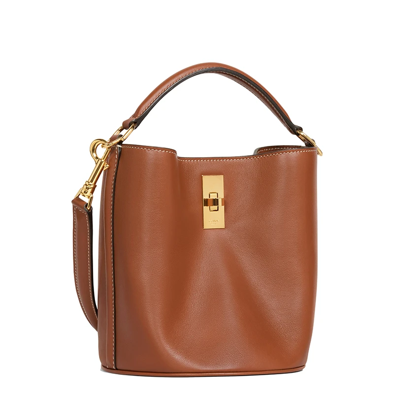 CELINE/赛琳   SEAU 16 TEEN系列 女士黄褐色小牛皮金扣单肩手提水桶包 商品