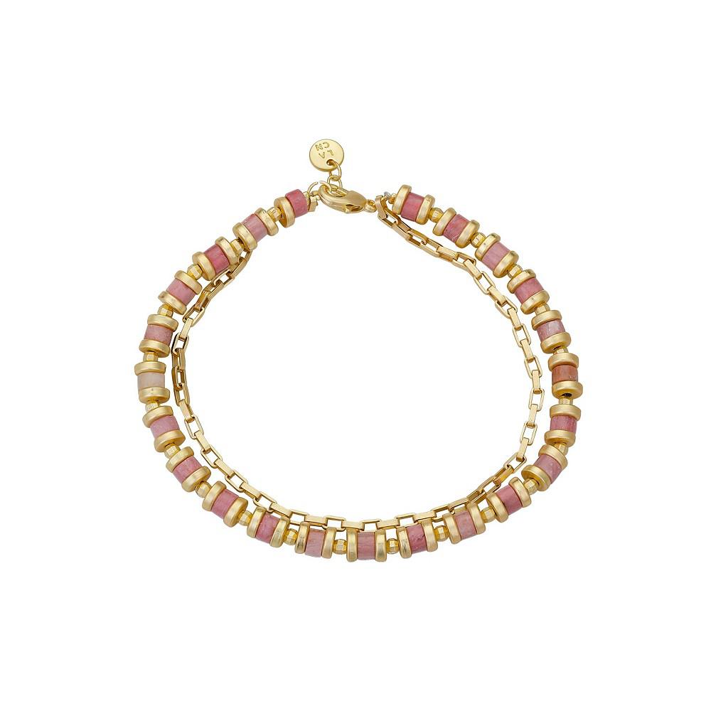 14K Gold Flash Plated Rhodochrosite Stone Paperlink Chain Double Bracelet商品第1张图片规格展示