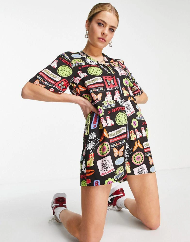 商品COLLUSION|COLLUSION sticker print revere playsuit in black,价格¥193,第4张图片详细描述